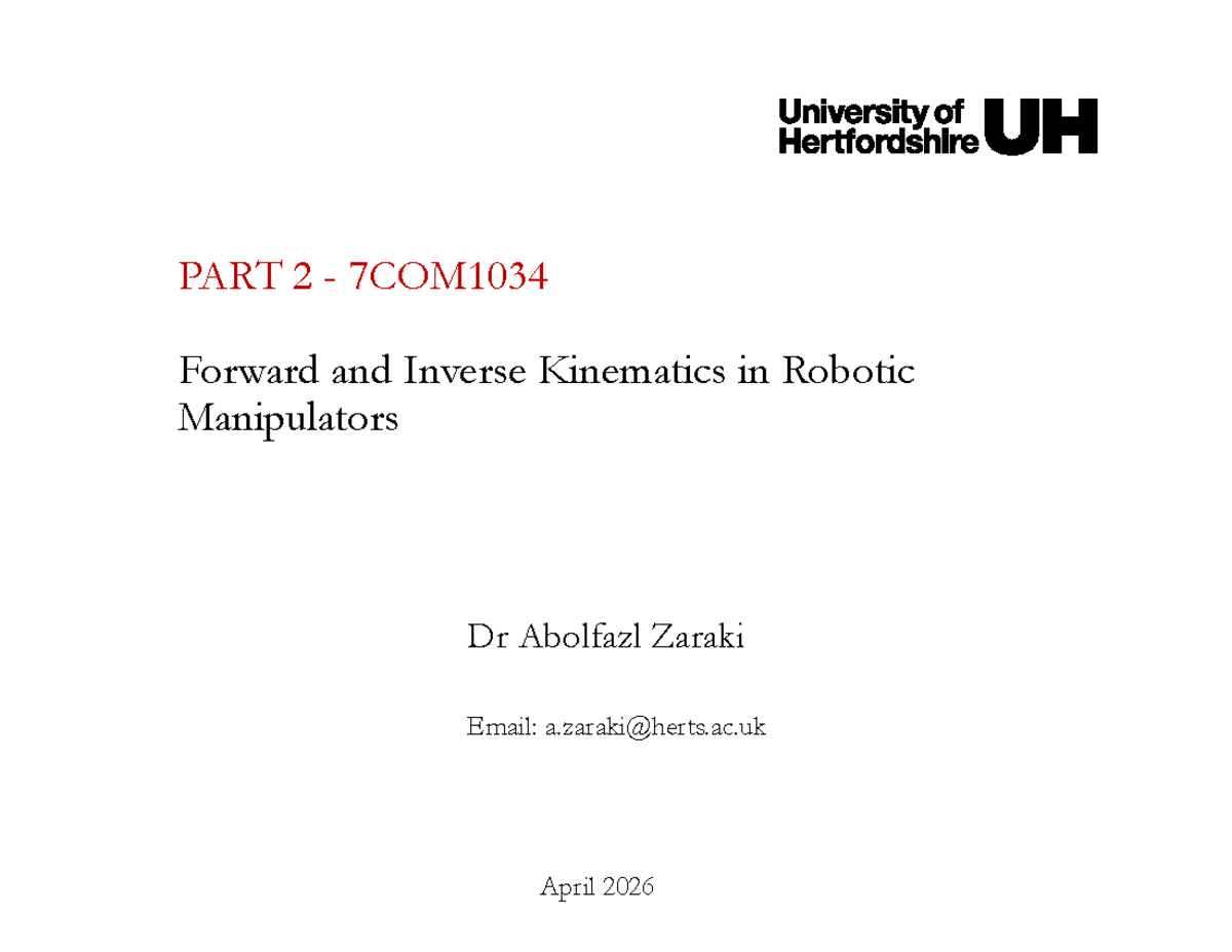 Lecture Notes on Forward and Inverse Kinematics - 7COM1034 - Studocu