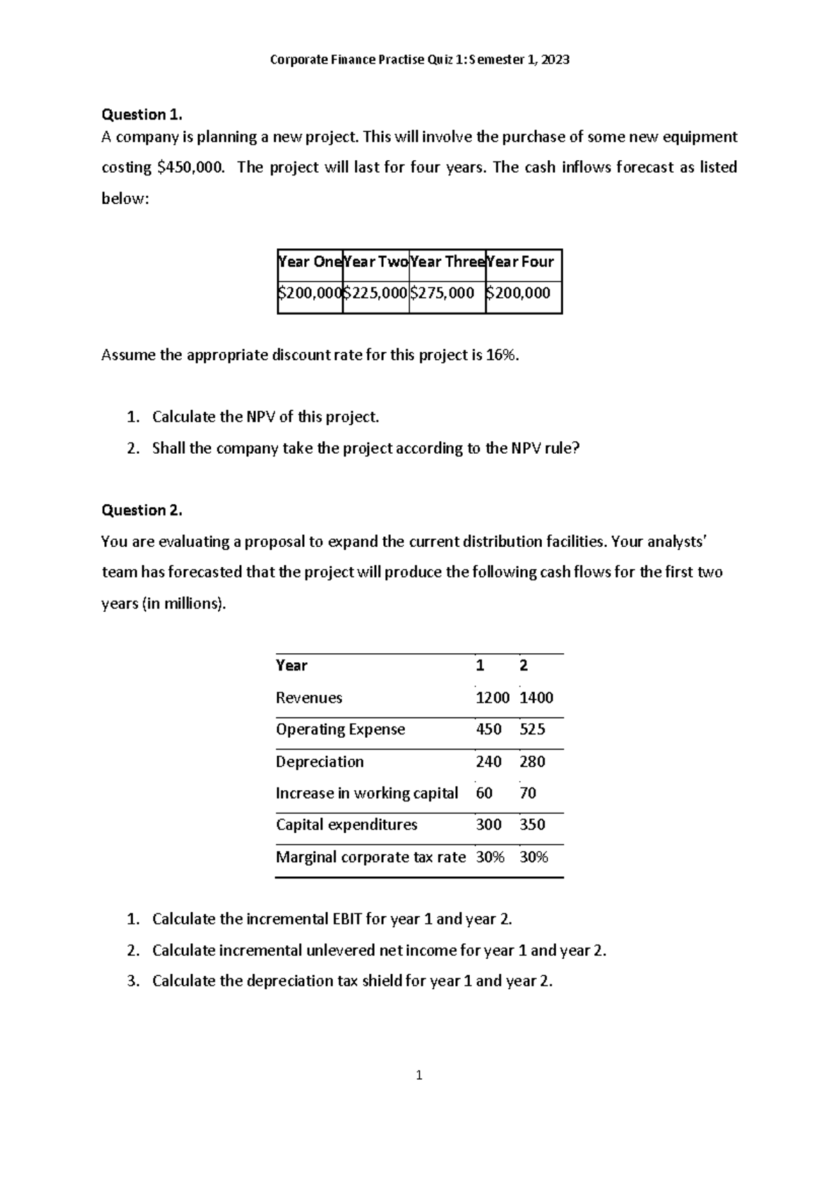 Corporate Finance Practise Quiz 1: Semester 1, 2023 Insights - Studocu