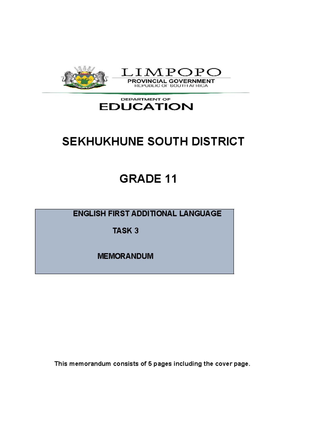 Grade 11 English FAL Task 3 Memo: Insights for Exam Preparation - Studocu