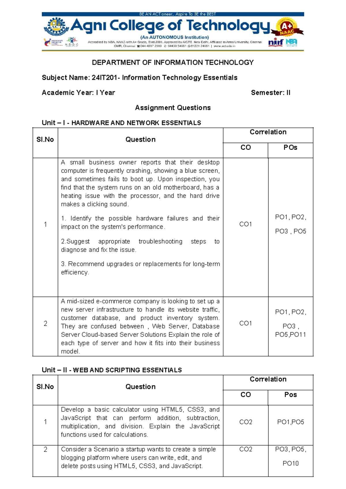Assignment Questions - 24IT201 - IT Essentials - Studocu