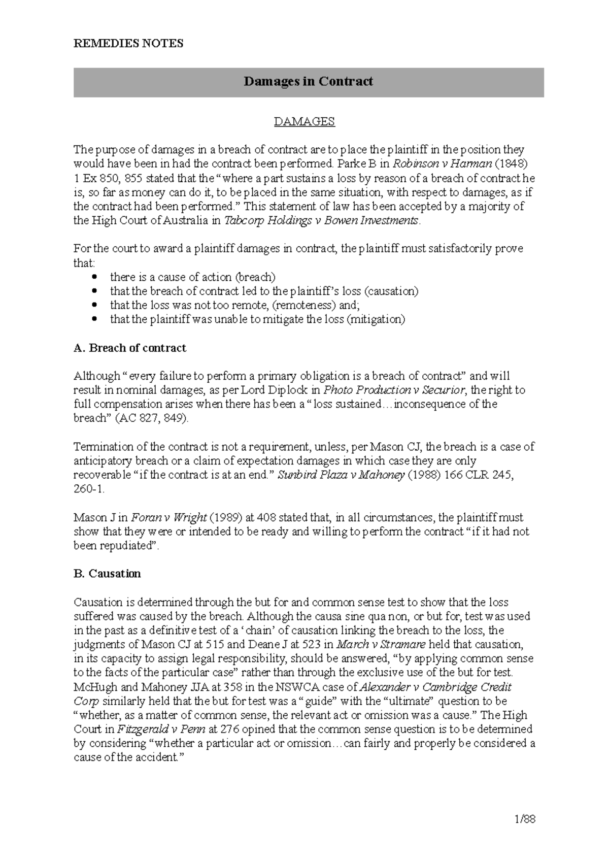 Remedies in Contract Law - Comprehensive Notes for LAWS 301 - Studocu
