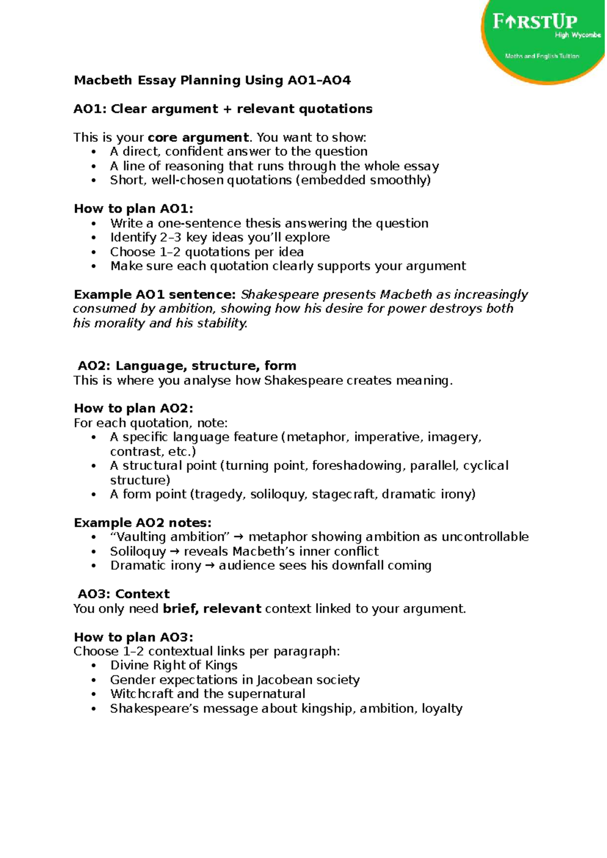 Macbeth Essay Planning: AO1 Insights and Quotations Guide - Studocu