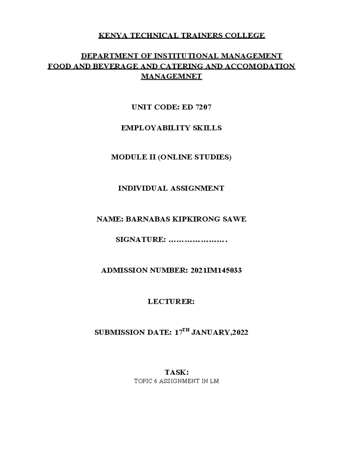 Employability Skills Assignment - ED 7207 Task 6 - Studocu