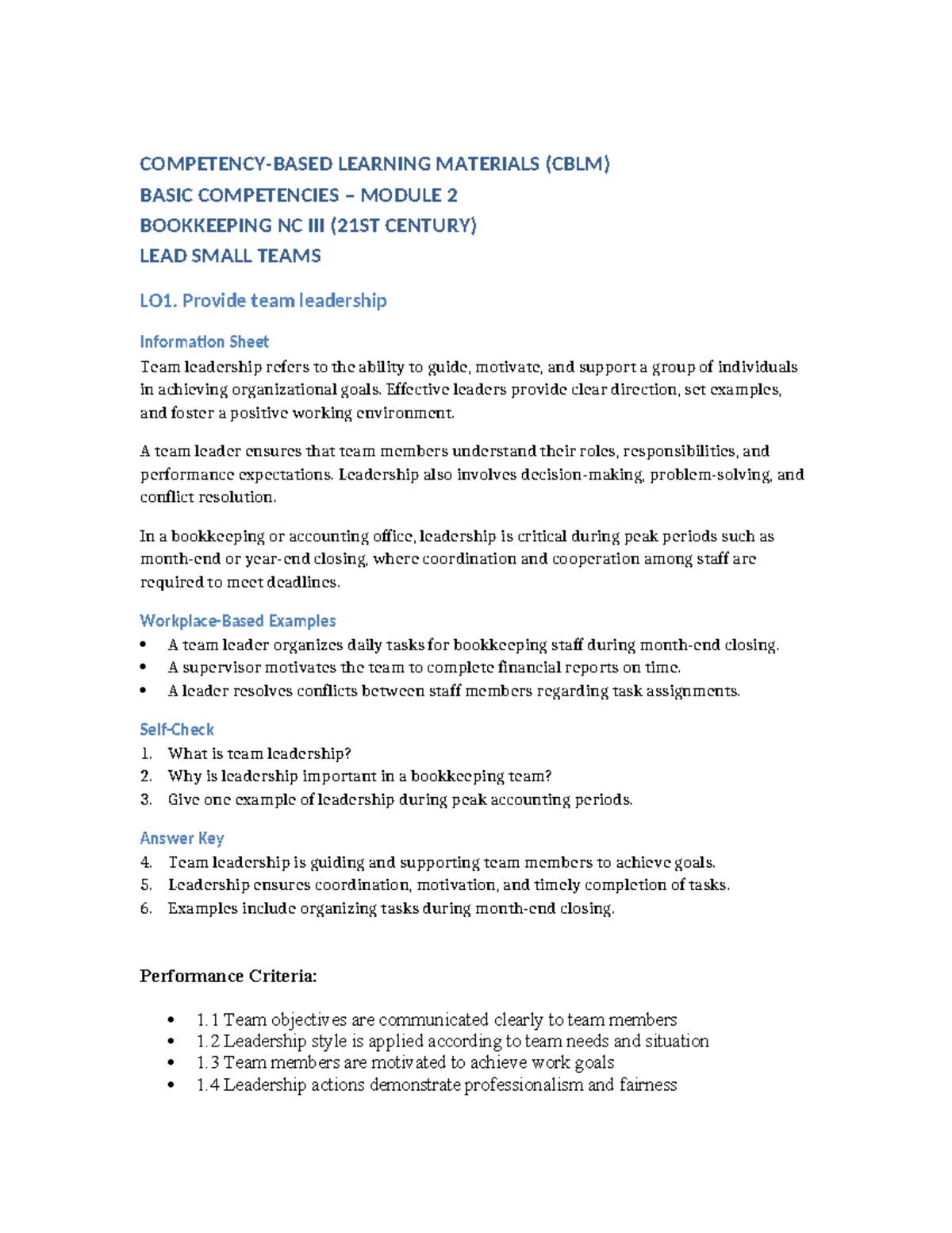 CBLM Module 2: Leading Small Teams in Bookkeeping NC - Studocu