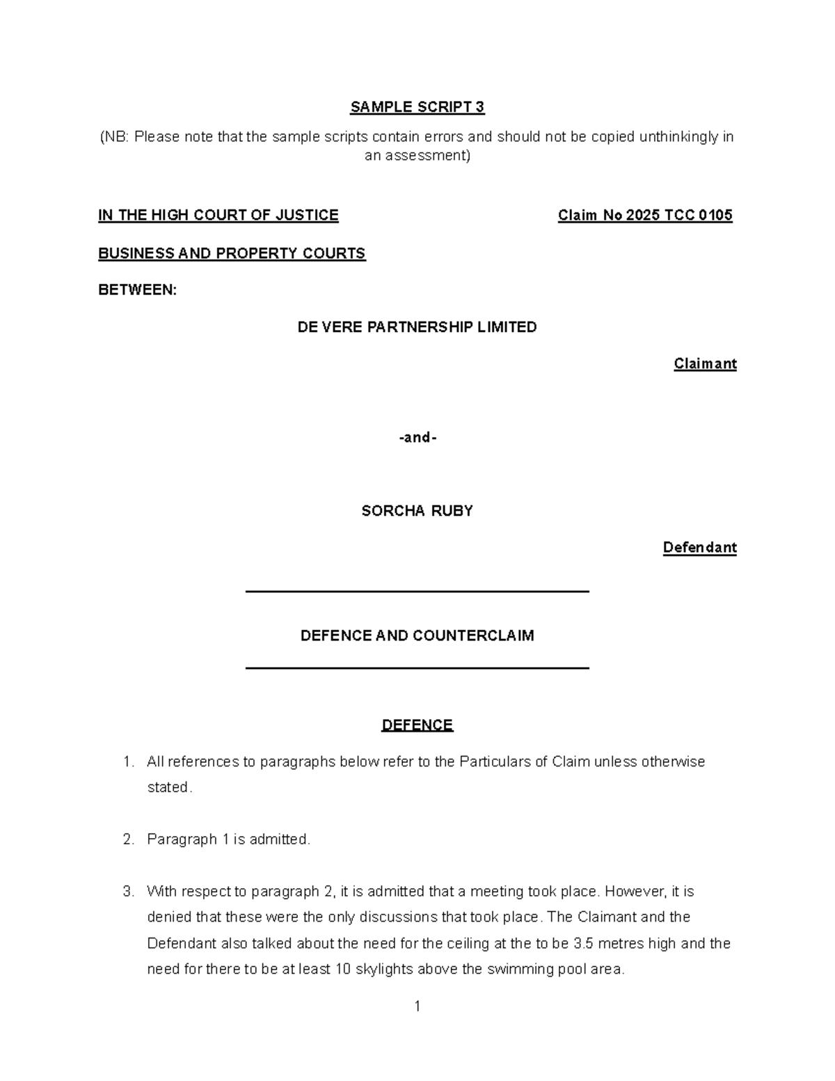 W5 De Vere Sample Script 3: Defence and Counterclaim Overview - Studocu