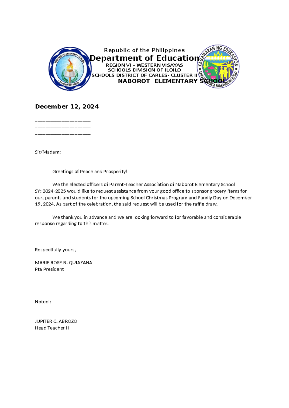 Solicitation Letter for Christmas Program - Naborot Elementary School ...