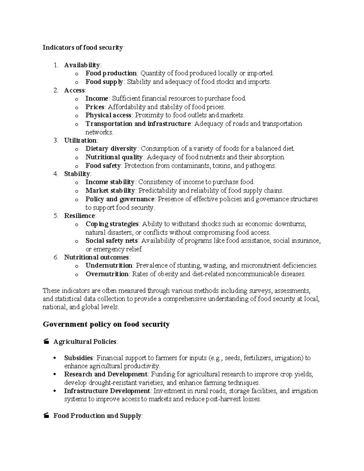 Indicators of food security and government policy - Indicators of food ...