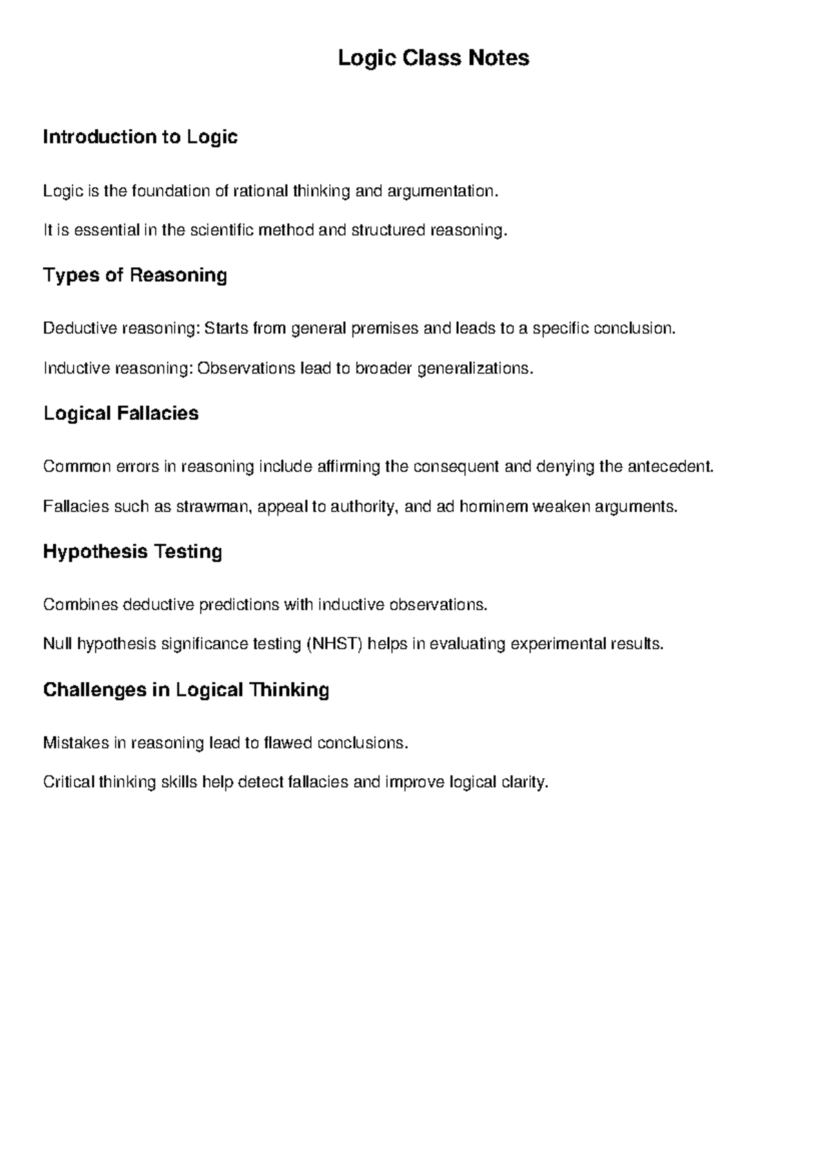 Logic - Class notes. - Logic Class Notes Introduction to Logic Logic is ...
