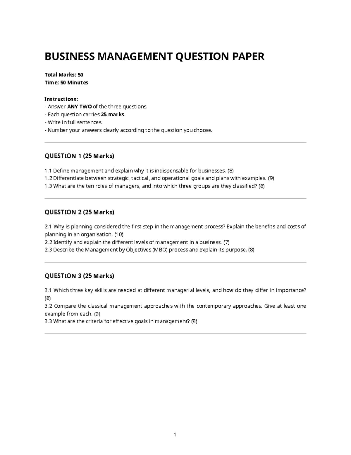 BUSINESS MANAGEMENT 101: QUESTION PAPER (50 Marks) - Studocu