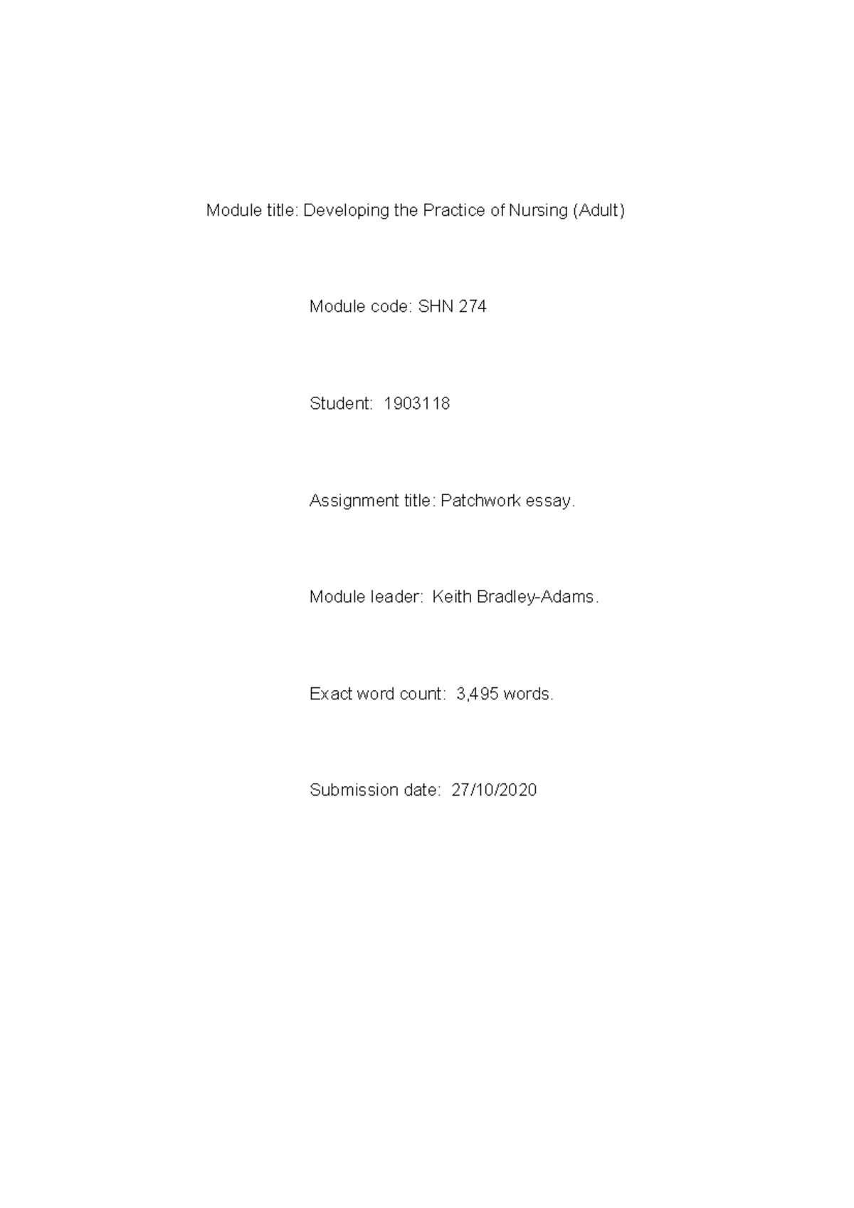 Steve Lewis Patchwork Essay - Module title: Developing the Practice of ...