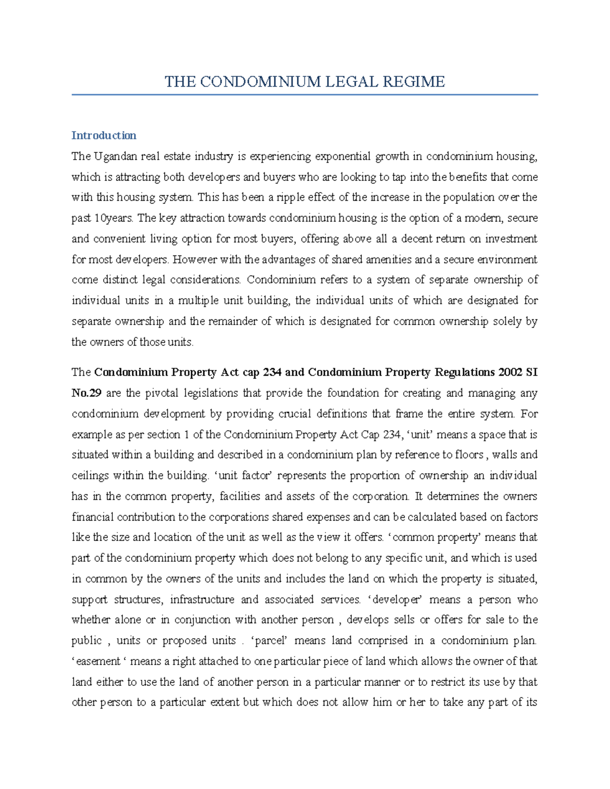 Condominium Legal Regime in Uganda: Insights and Implications - Studocu