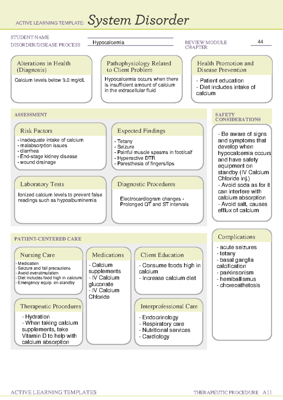 Hypocalcemia - ATI Nursing Care and Assessment Notes - Studocu