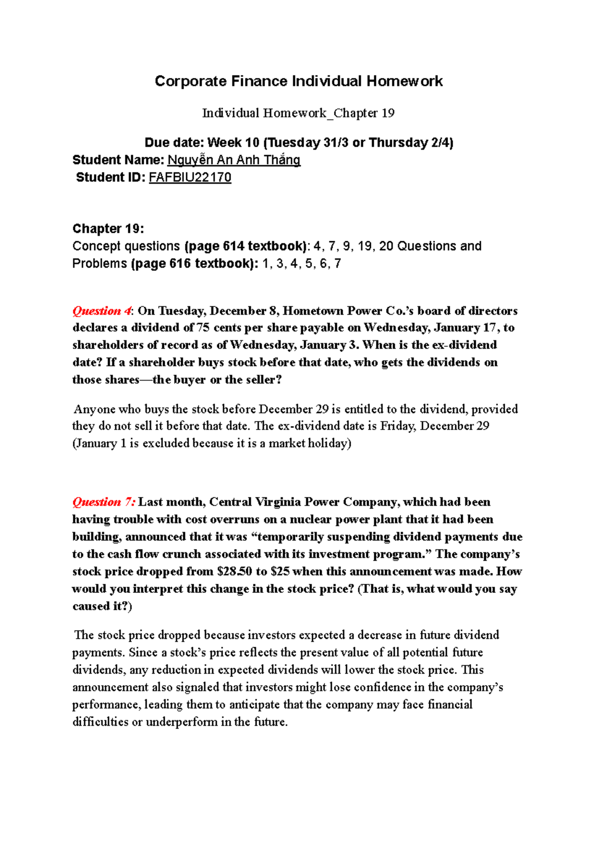 Corporate Finance CF Homework: Chapter 19 Questions & Problems - Studocu