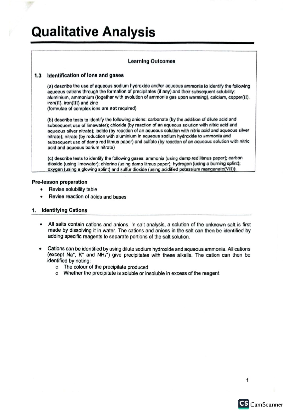Qualitative Analysis for Cations and Gases in Chemistry (CHEM 3410 ...