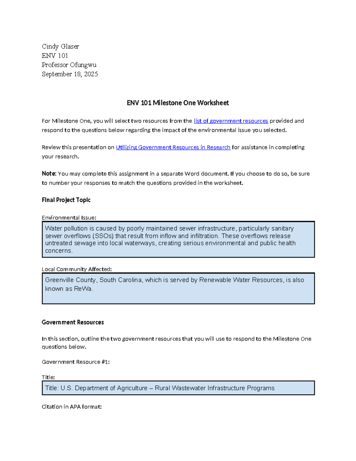ENV 101 Milestone One Worksheet: Water Pollution Analysis - Studocu