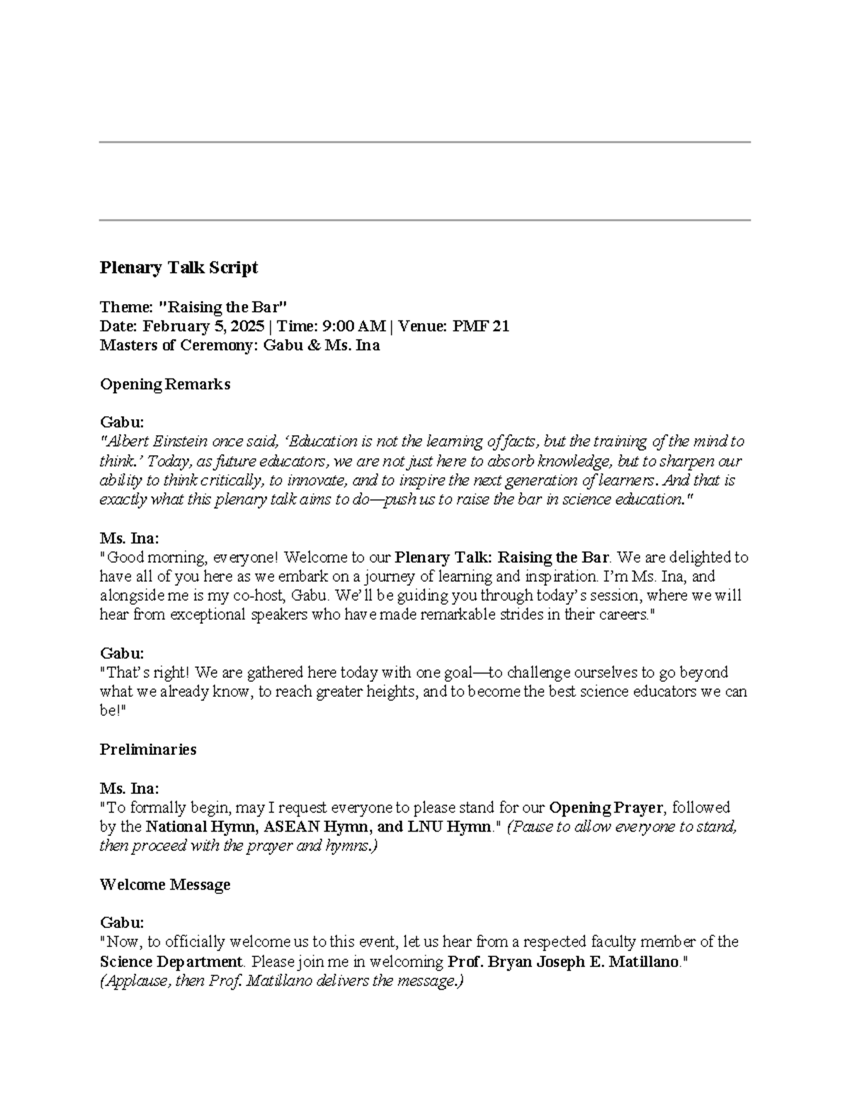 Plenary Talk Script: Raising the Bar in Science Education - Feb 5, 2025 ...