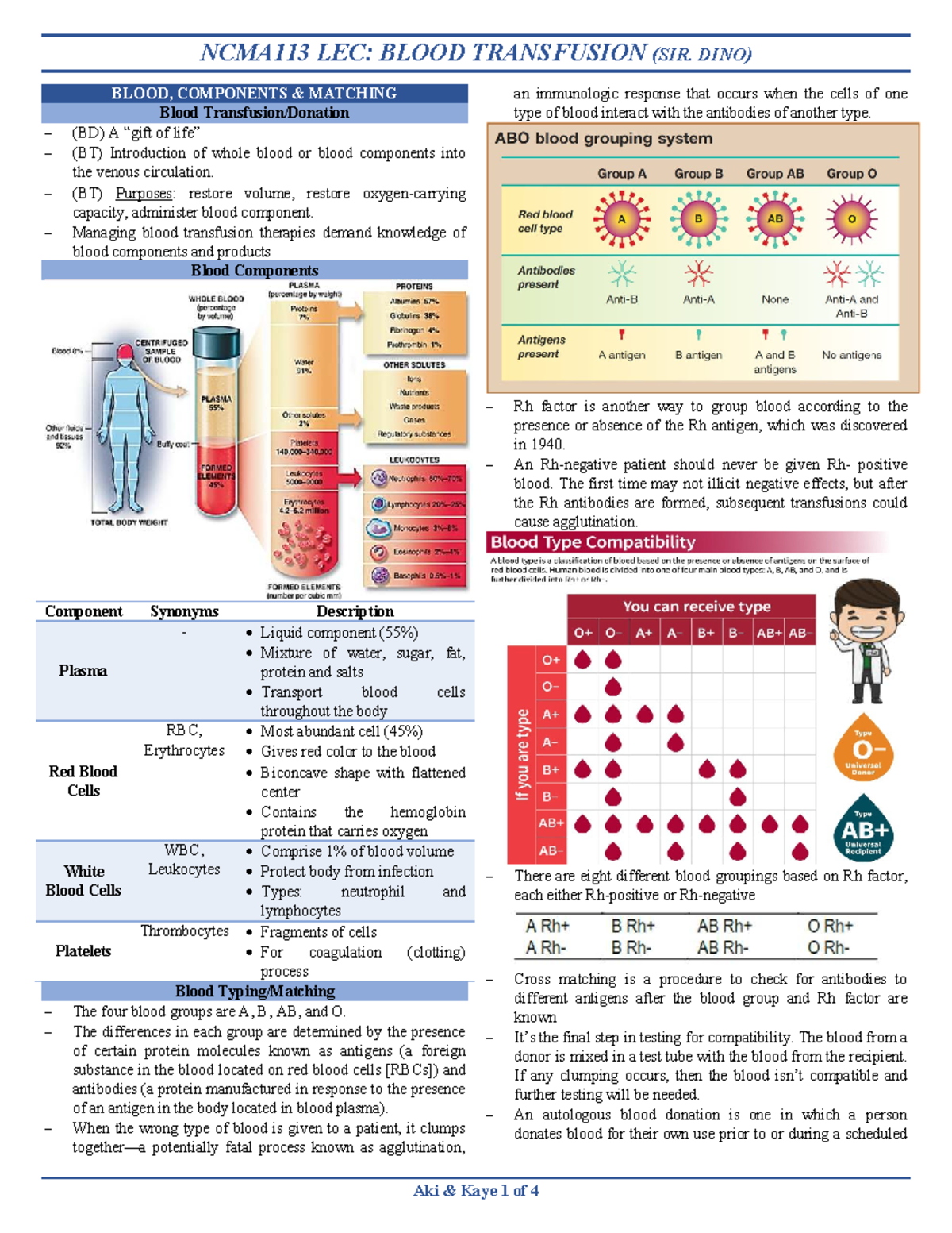 NCMA113 LEC: WEEK 3 BLOOD TRANSFUSION NOTES (SIR. DINO) - Studocu