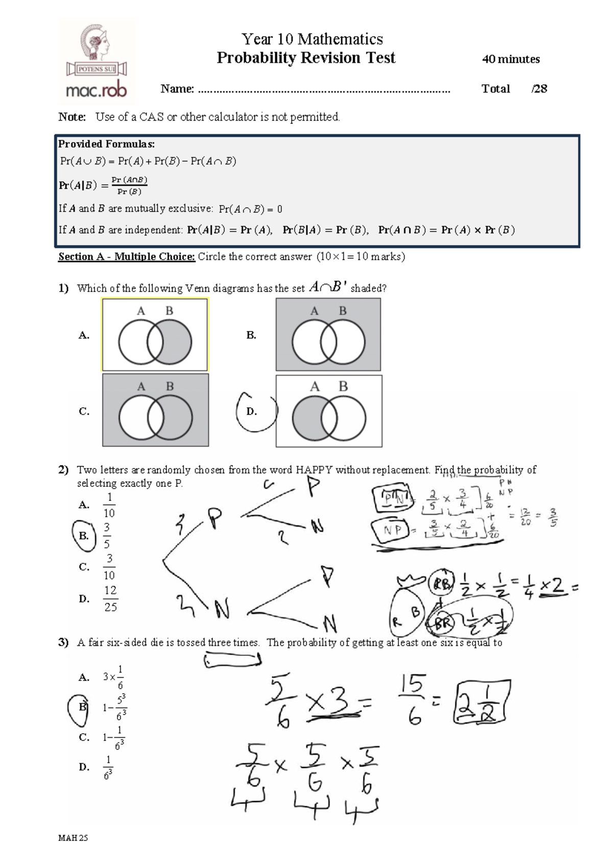 10MA T01 Probability Revision Test: Year 10 Revision Questions - Studocu