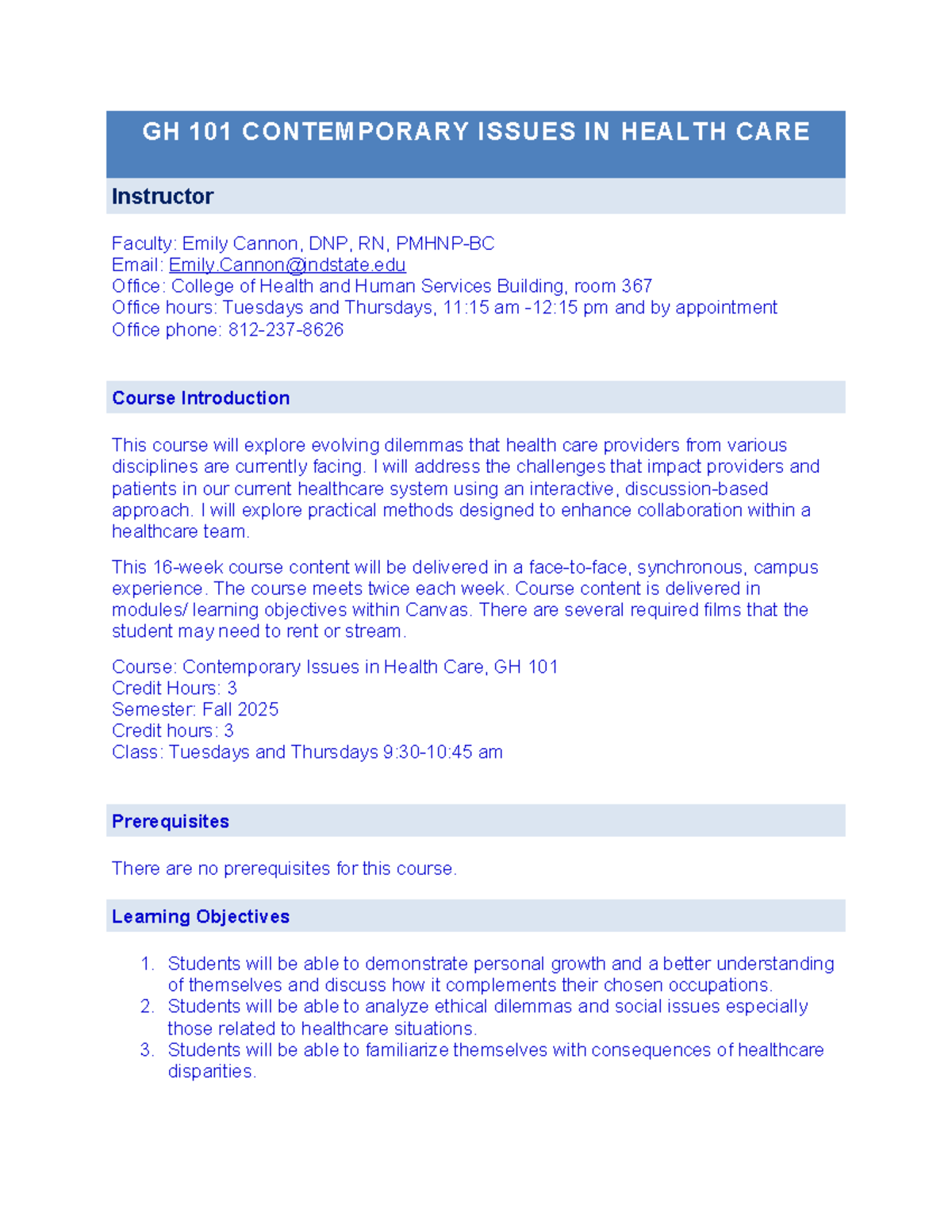 GH 101: Syllabus for Contemporary Issues in Health Care - Fall 2025 ...