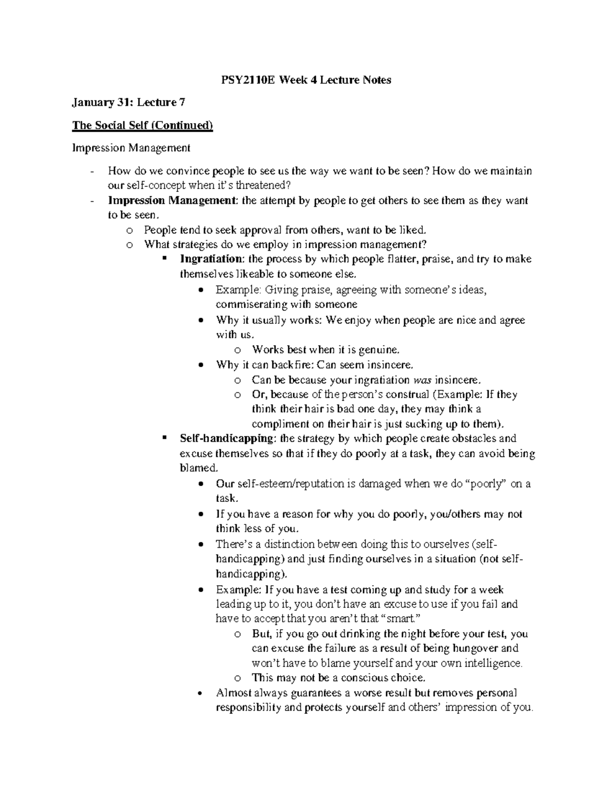 PSY2110 Week 4 Lecture Notes: Understanding the Social Self - Studocu