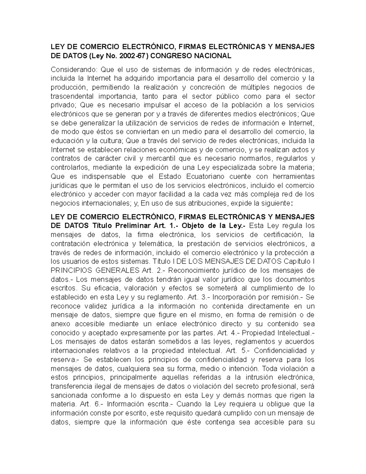 Ley De Comercio Electrónico Y Firmas Electrónicas Ley 2002 67 Studocu