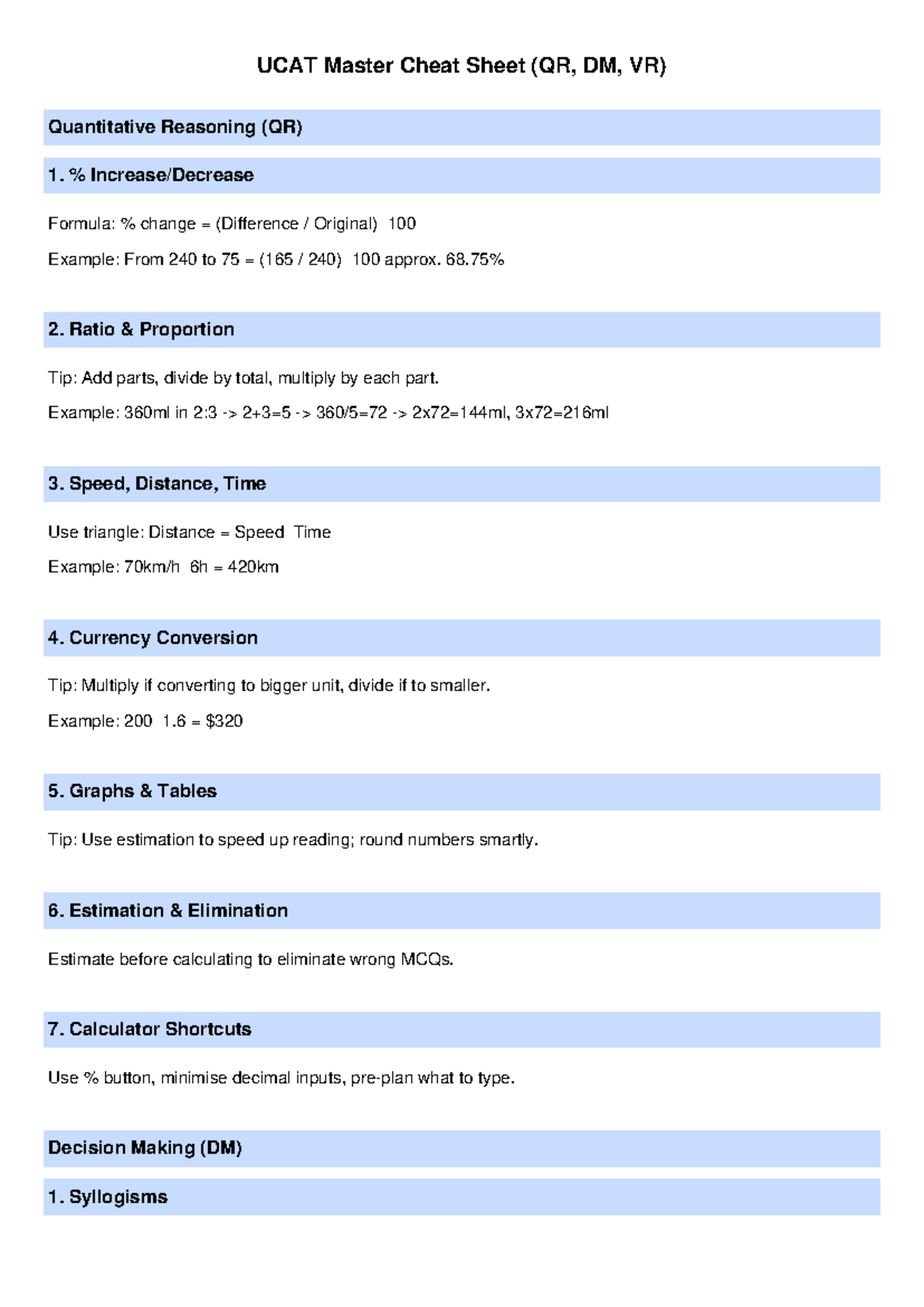 UCAT Master Cheat Sheet: QR, DM, VR Strategies & Tips - Studocu