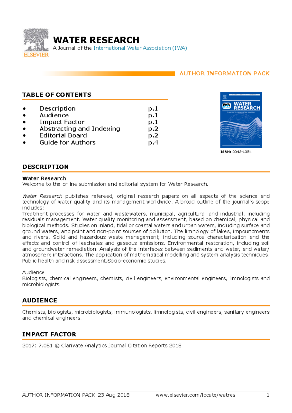 Water Research Journal: Author Guidelines and Submission Details - Studocu