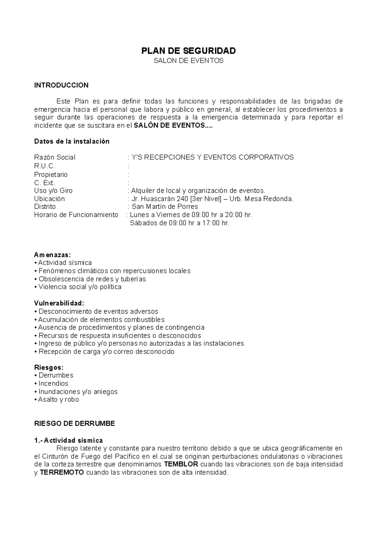 370809298 Plan de Contingencia para el Salón de Eventos: Seguridad y Riesgos - Document Preview