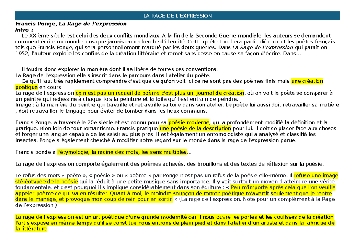 Plan de Dissertation sur Francis Ponge et La Rage de l'Expression - Studocu