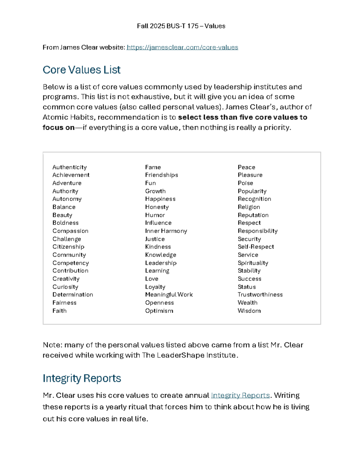 Core Values and Character Strengths - Fall 2025 BUS-T 175 - Studocu