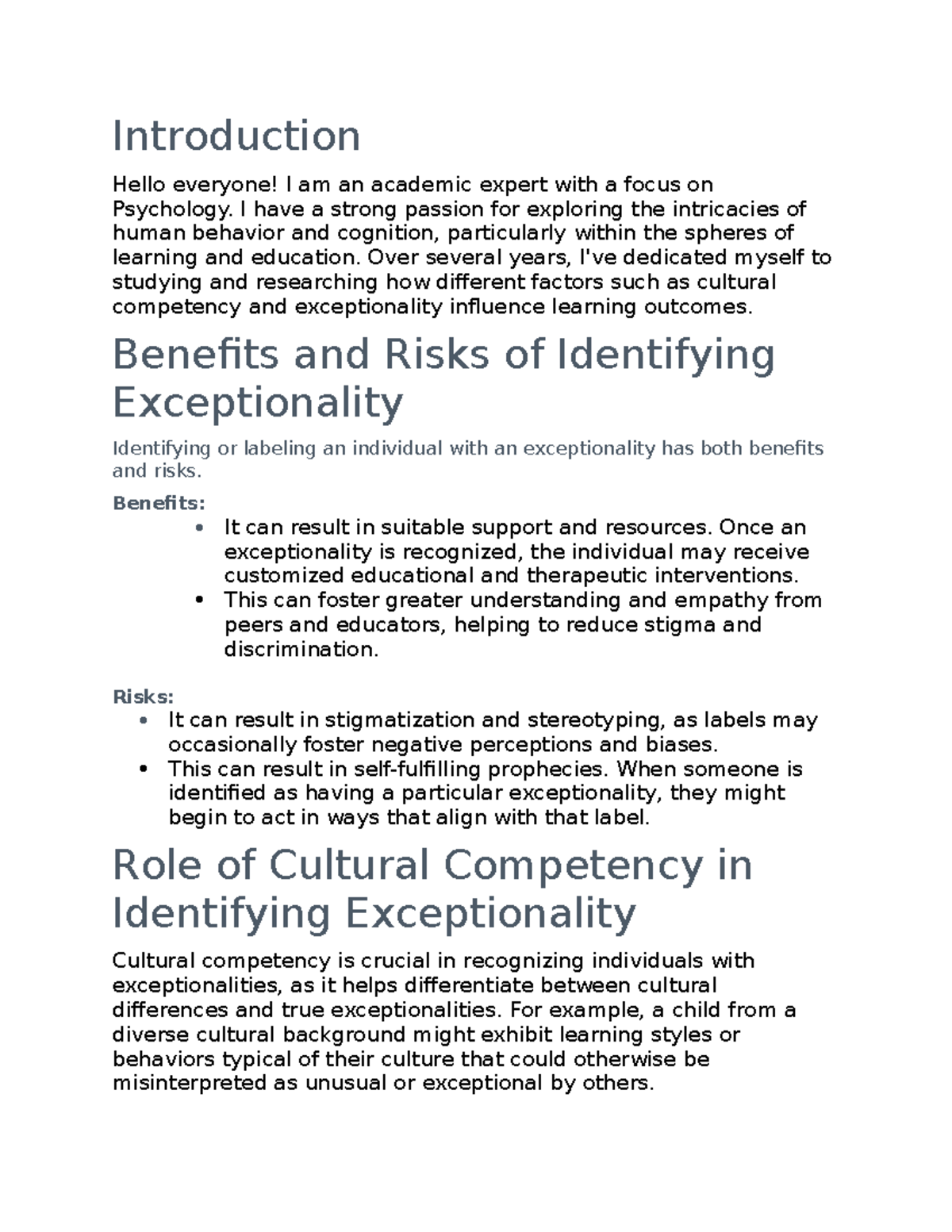 Benefits and Risks of Identifying Exceptionality in PSY-375 - Studocu