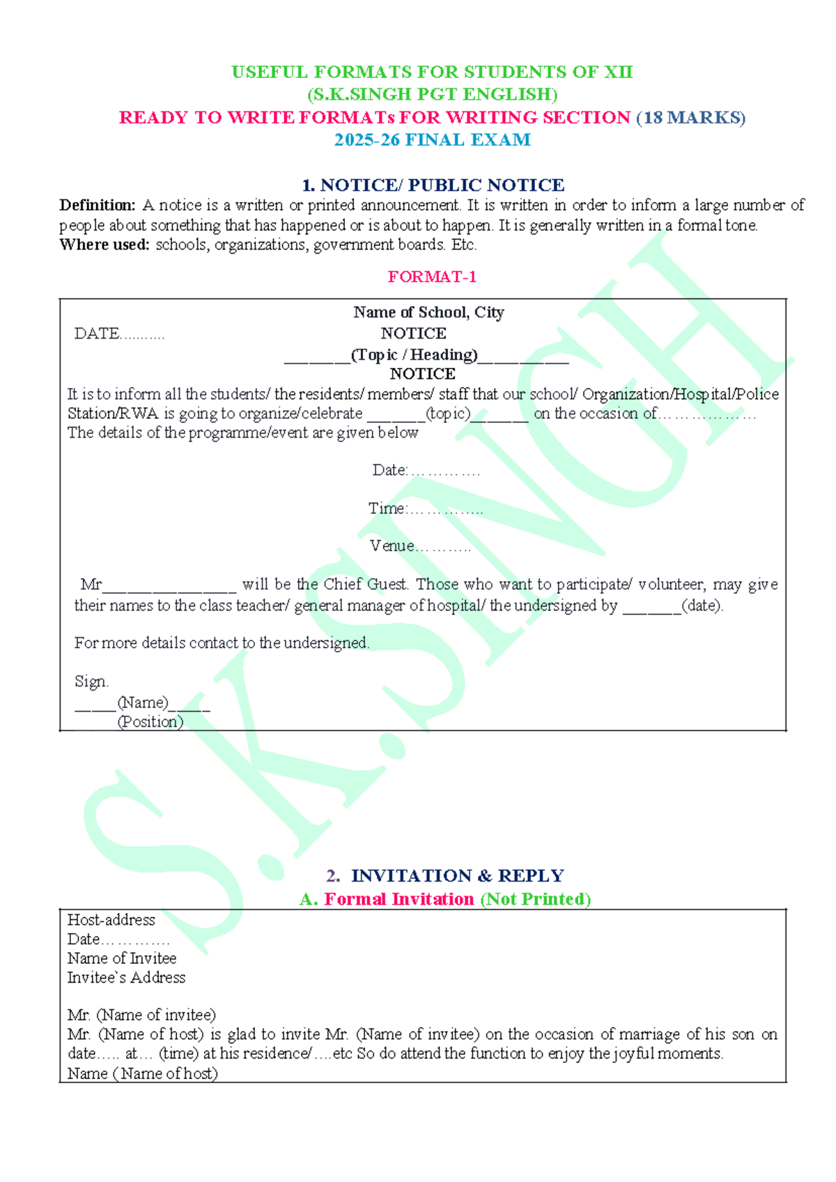 XII Final Exam Formats for Writing Section (18 Marks) - Studocu