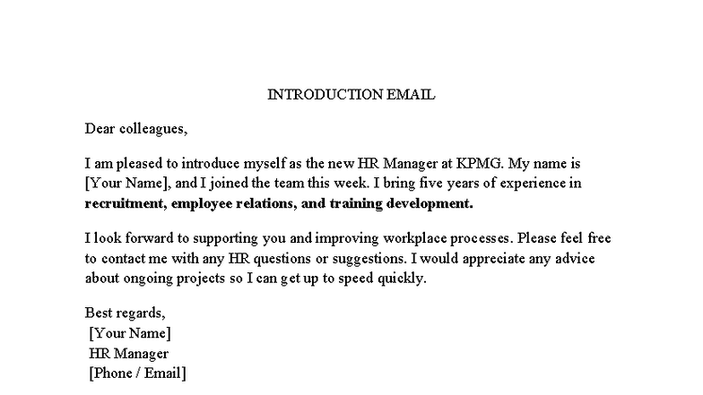 HR Introduction Email from New KPMG HR Manager - Studocu