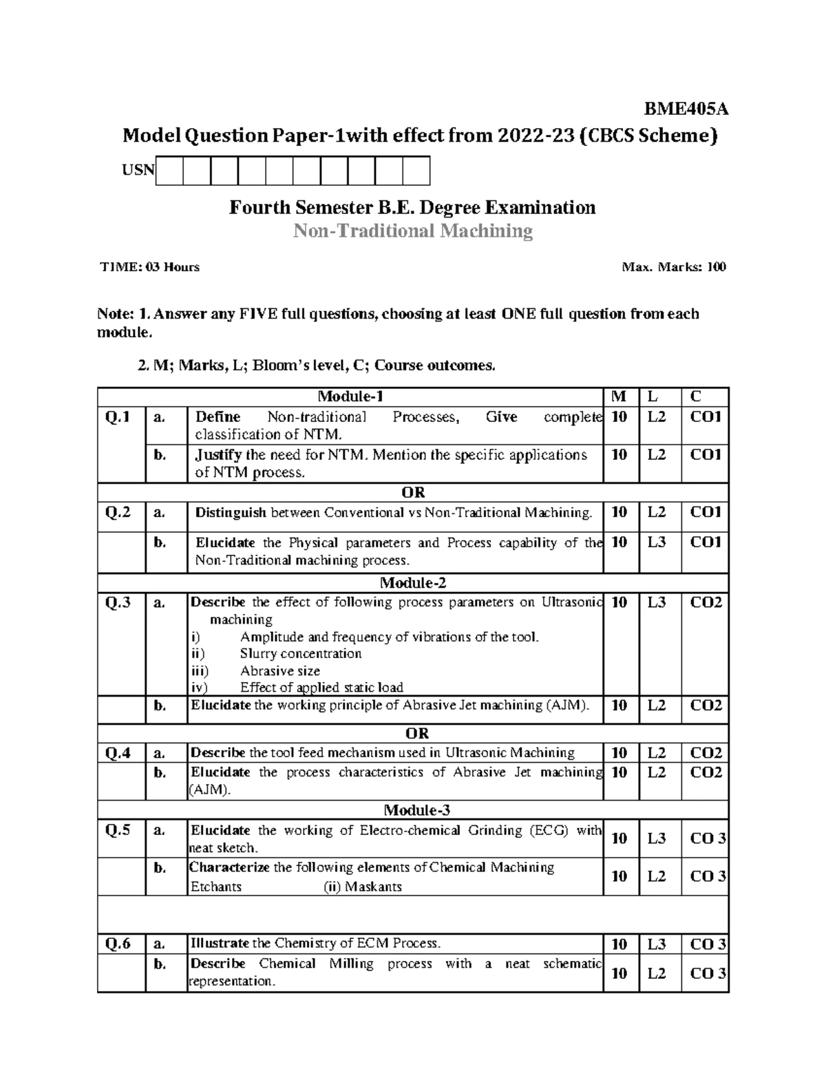 BME405A Fourth Sem Exam Model Questions on Machining Processes - Studocu