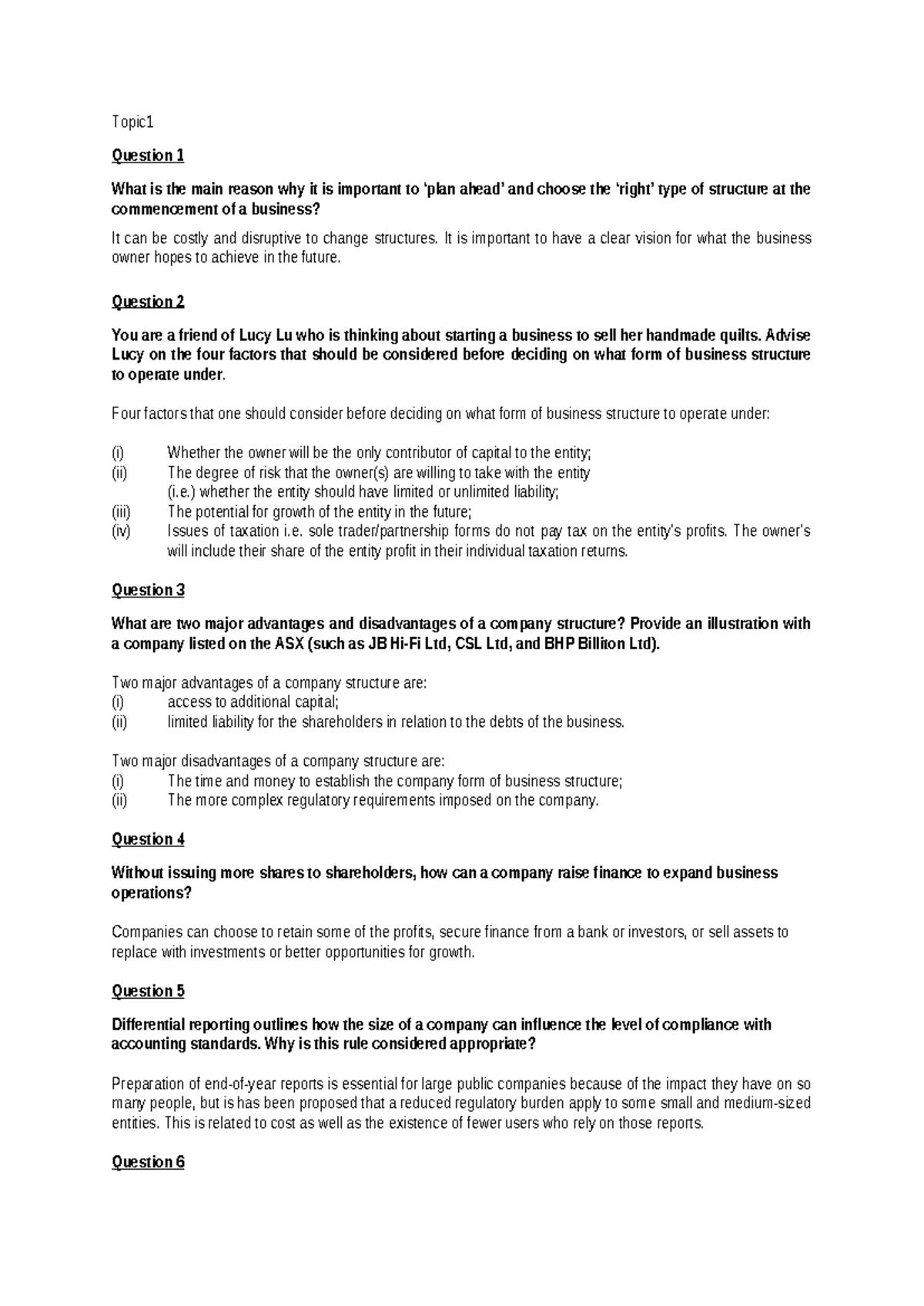 Business Structure Considerations: Pre-class Questions Analysis - Studocu