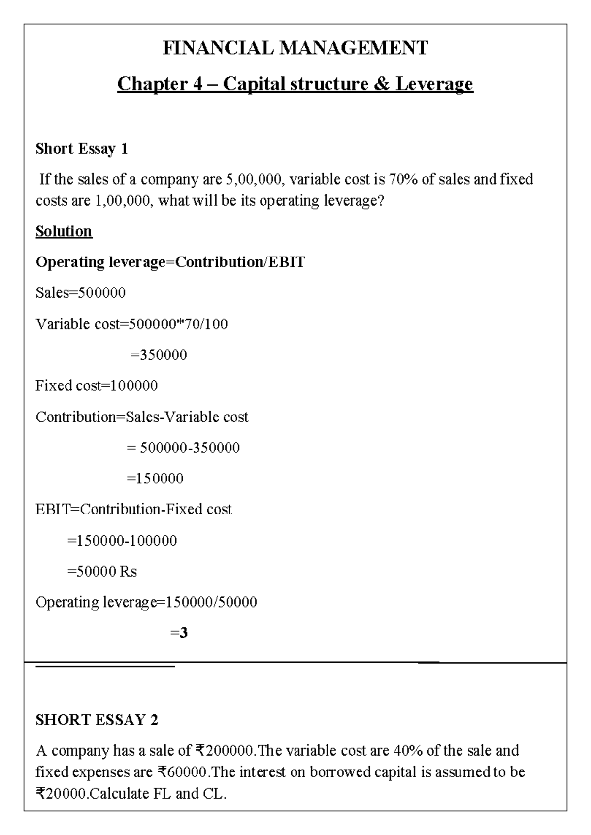 FINANCIAL MANAGEMENT Chapter 4: Capital Structure & Leverage Short ...