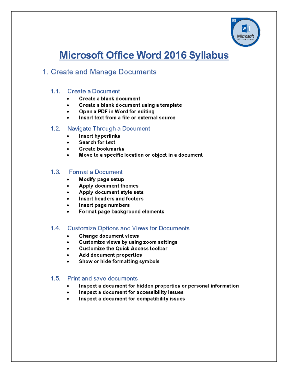 Microsoft Office Word 2016 Syllabus - Curriculum Overview - Studocu