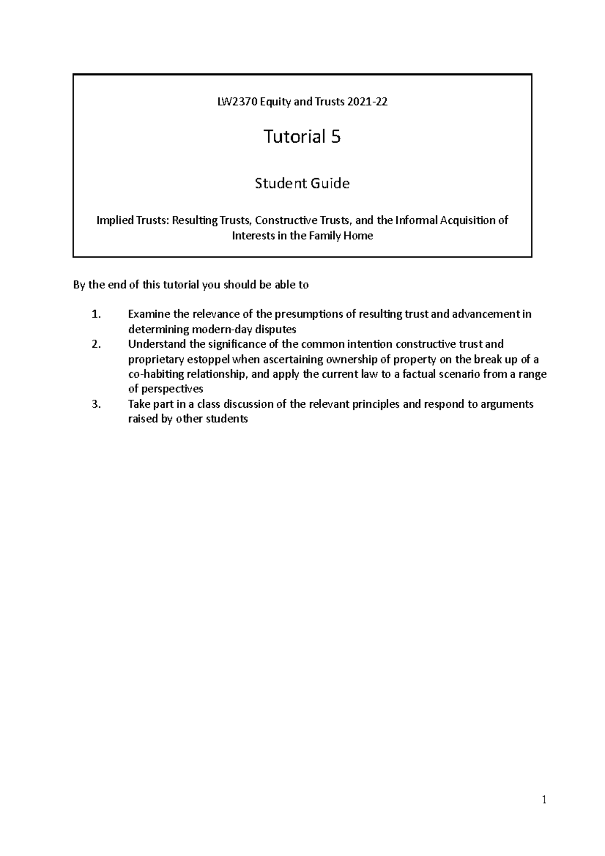 Equity & Trusts LW2370 Tutorial 5: Implied Trusts & Property Ownership ...