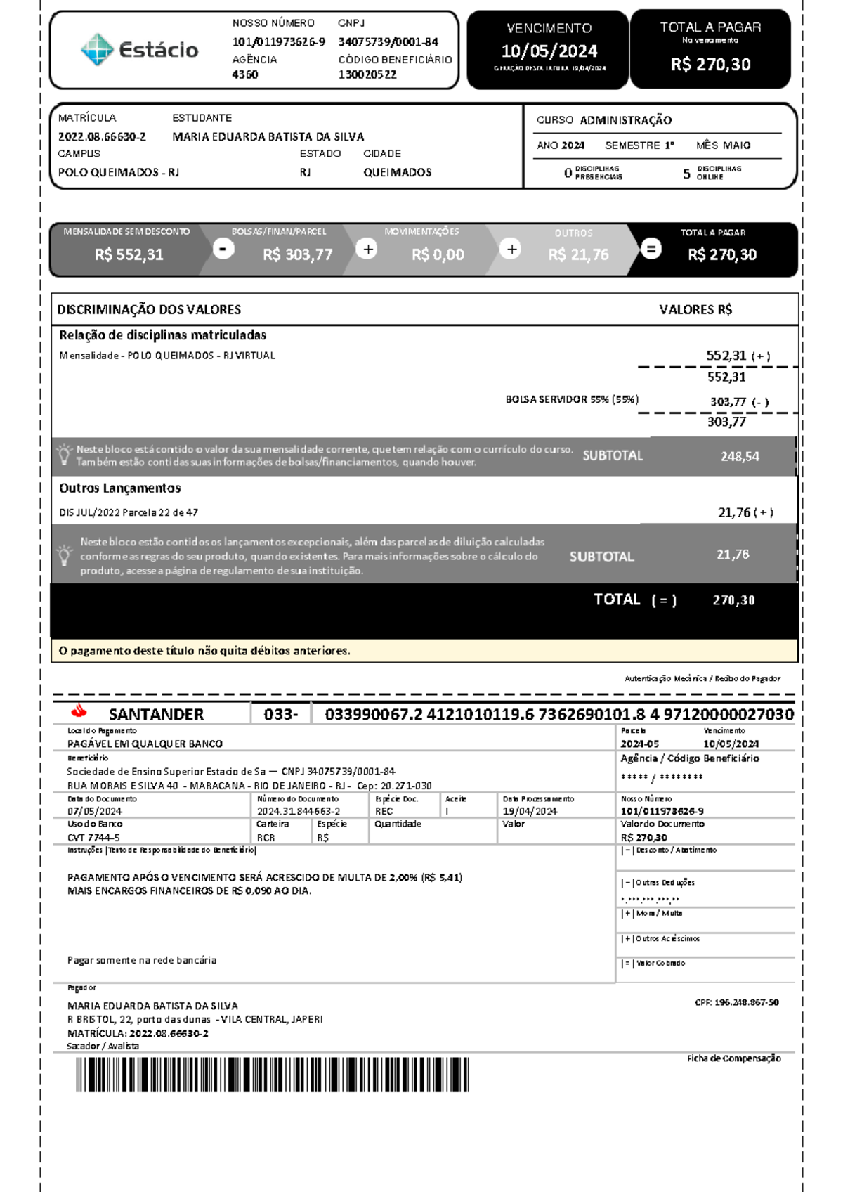 Mensalidade Administração 2022.08 na Estácio - Polo Queimados - RJ ...