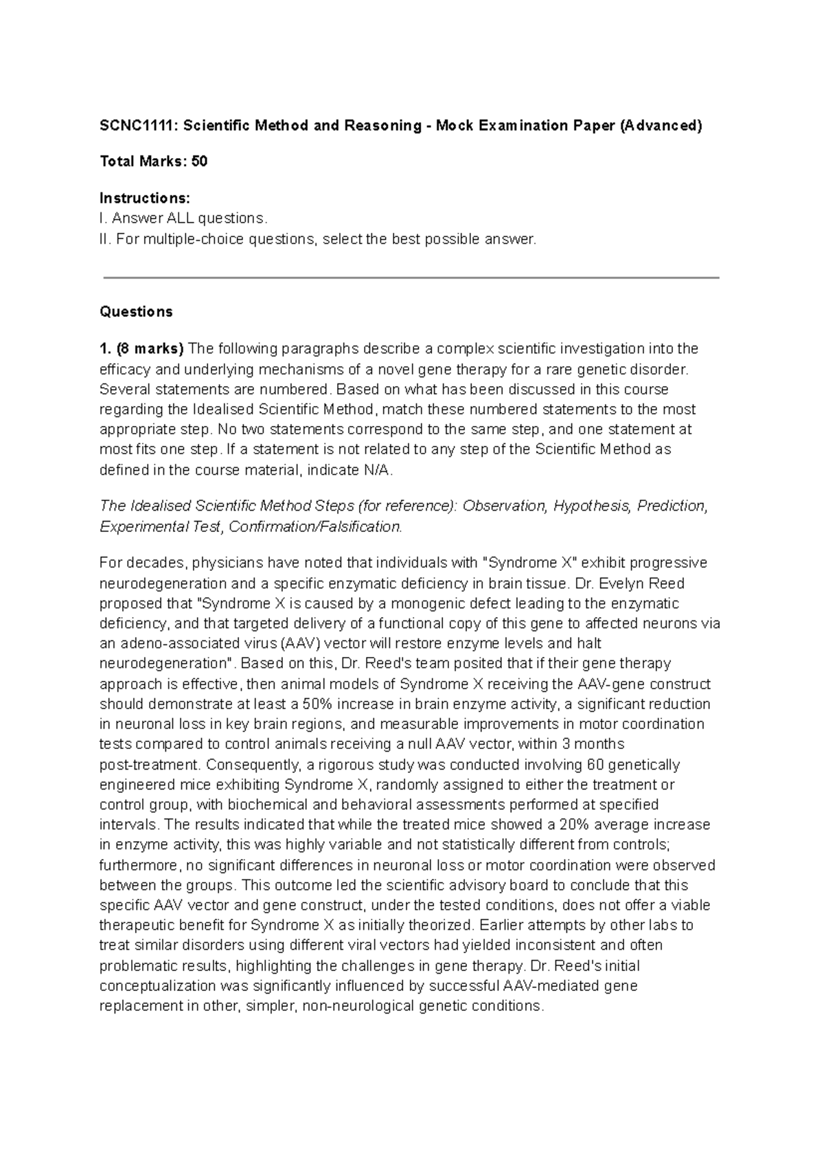 SCNC1111 Scientific Method and Reasoning Mock Exam Paper (Advanced ...