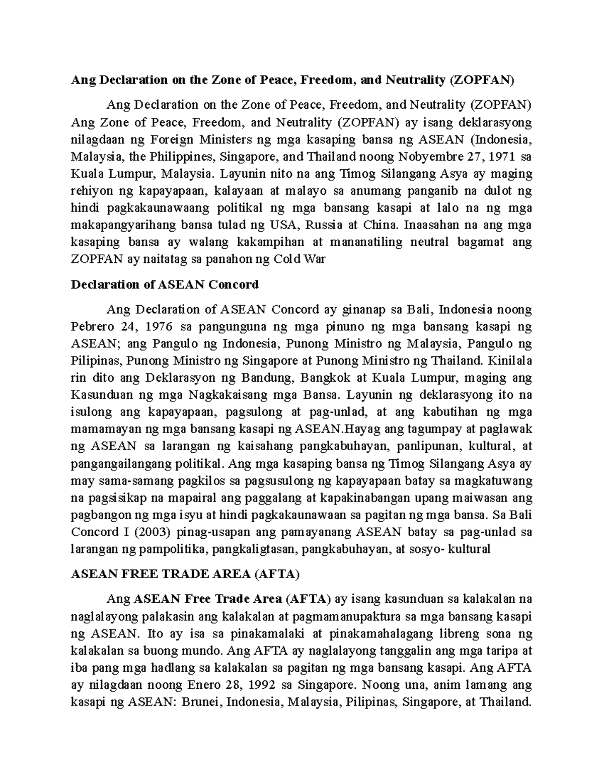 Ang Declaration on the Zone of Peace, Freedom, and Neutrality (ZOPFAN ...