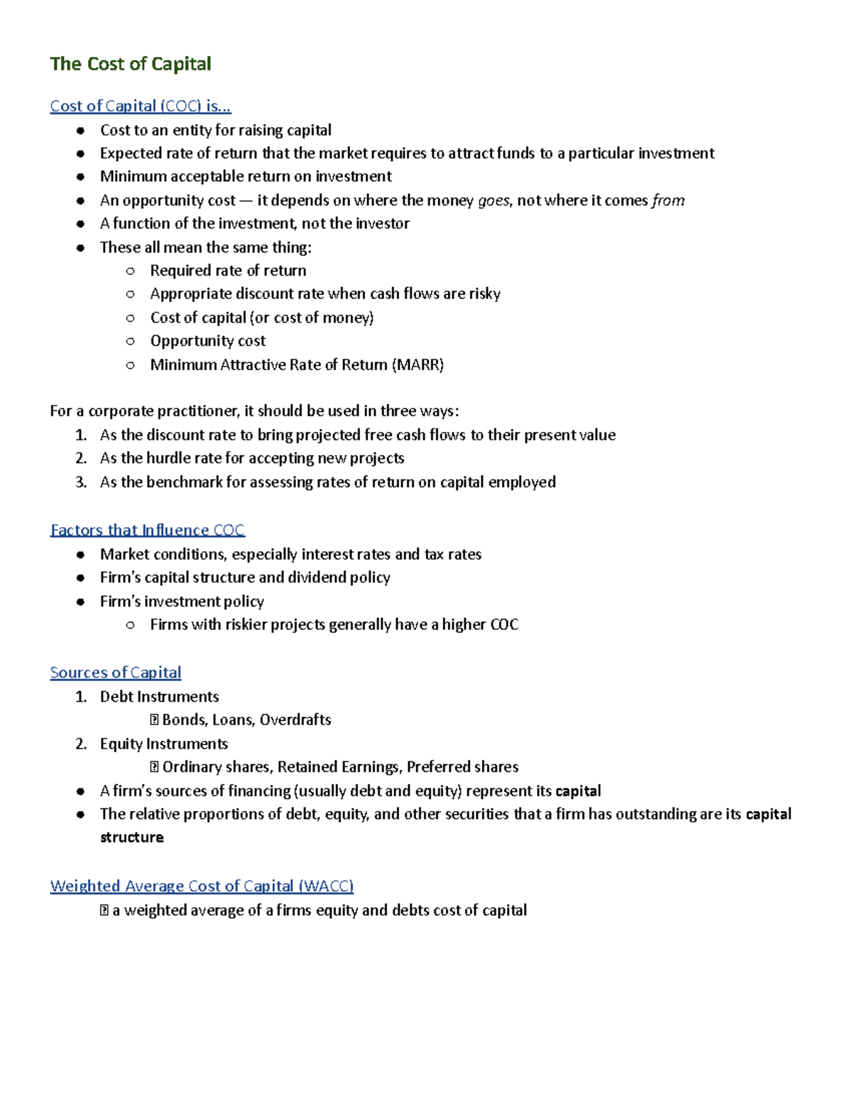 Chapter 13 Notes: Understanding the Cost of Capital (COC) - Studocu