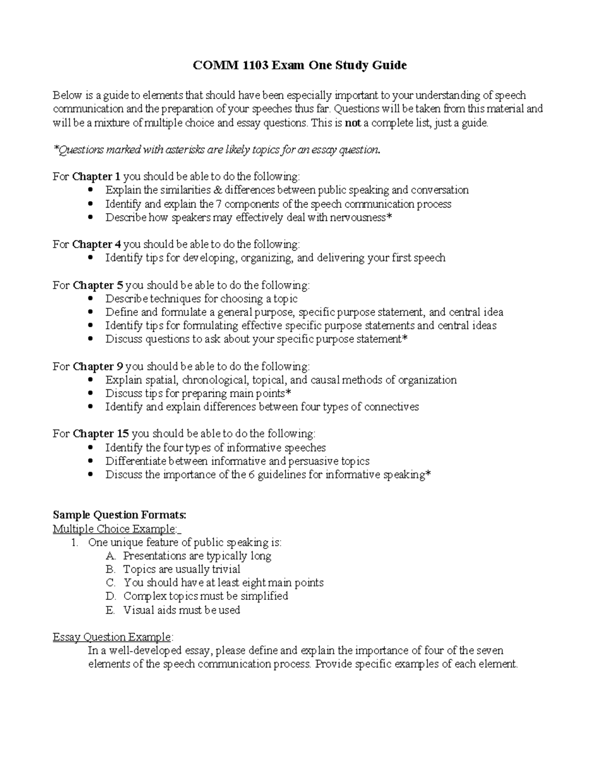 Study Guide for COMM 1103 Exam 1: Public Speaking Summary - Studocu