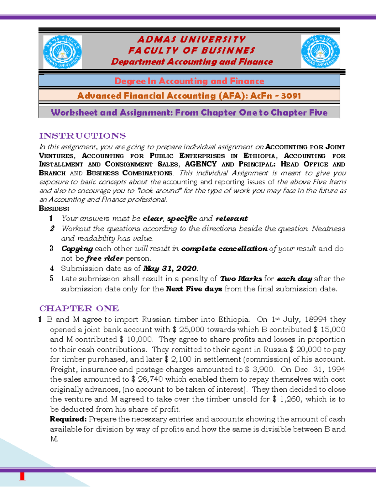 Worksheet and Assignment on Advanced Financial Accounting (AFA-3091 ...