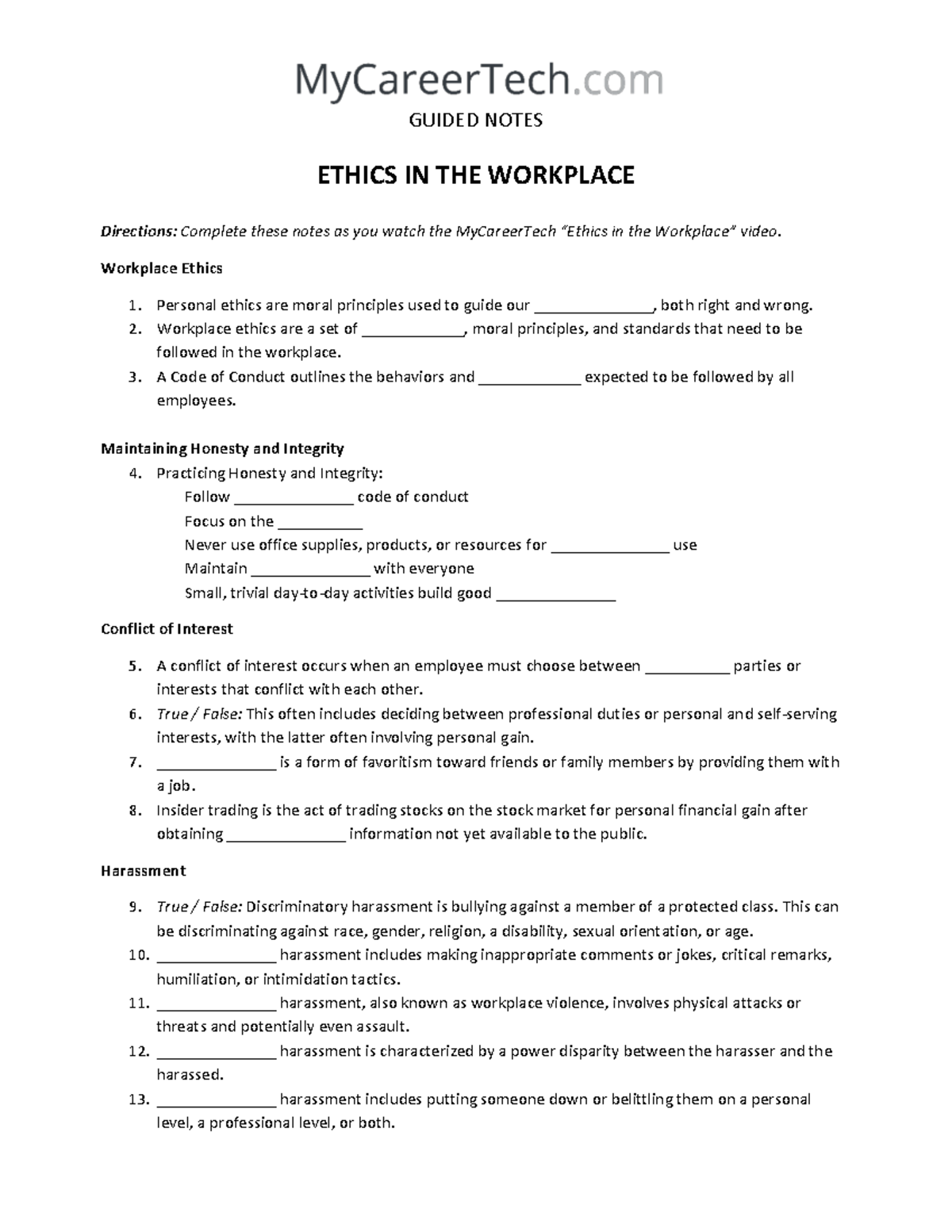 Workplace Ethics Guided Notes for MyCareerTech Course - Studocu