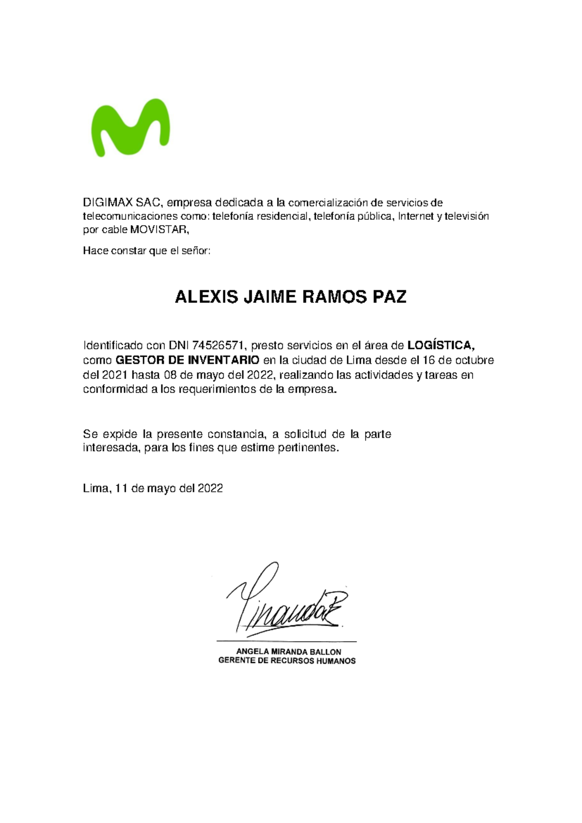 ( Certificado DE Trabajo ( Digimax) - Document Preview