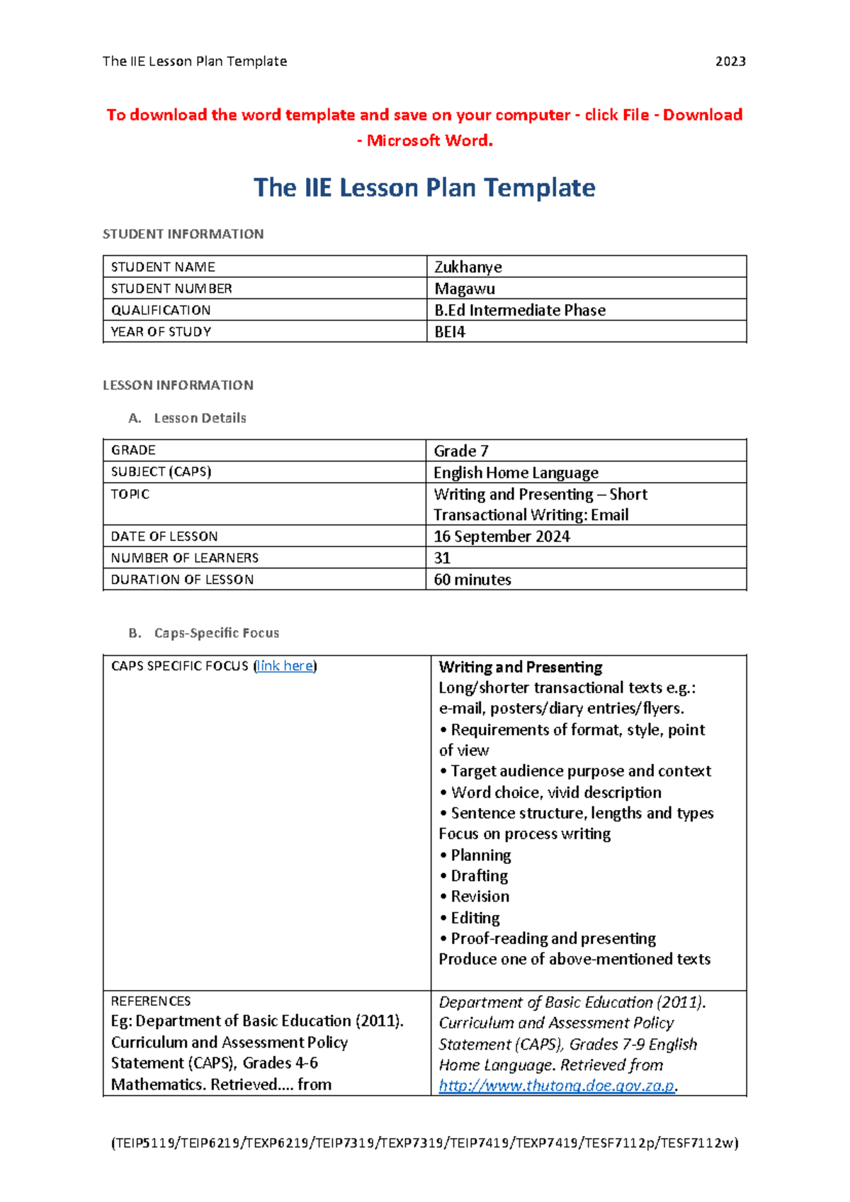 IIE Lesson Plan Template 2023: Writing Effective Emails for Grade 7 ...