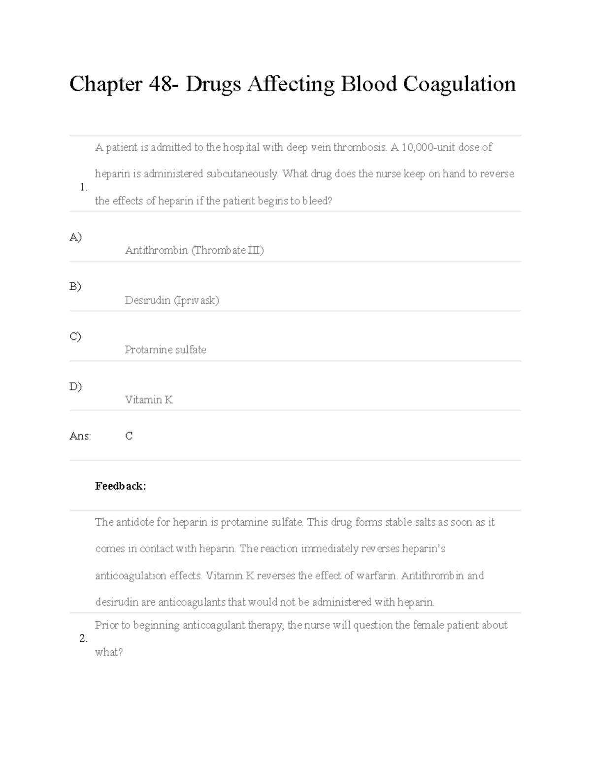 Ch48 - Test Bank for Nursing Pharmacology 6e: Blood Coagulation Drugs - Document Preview