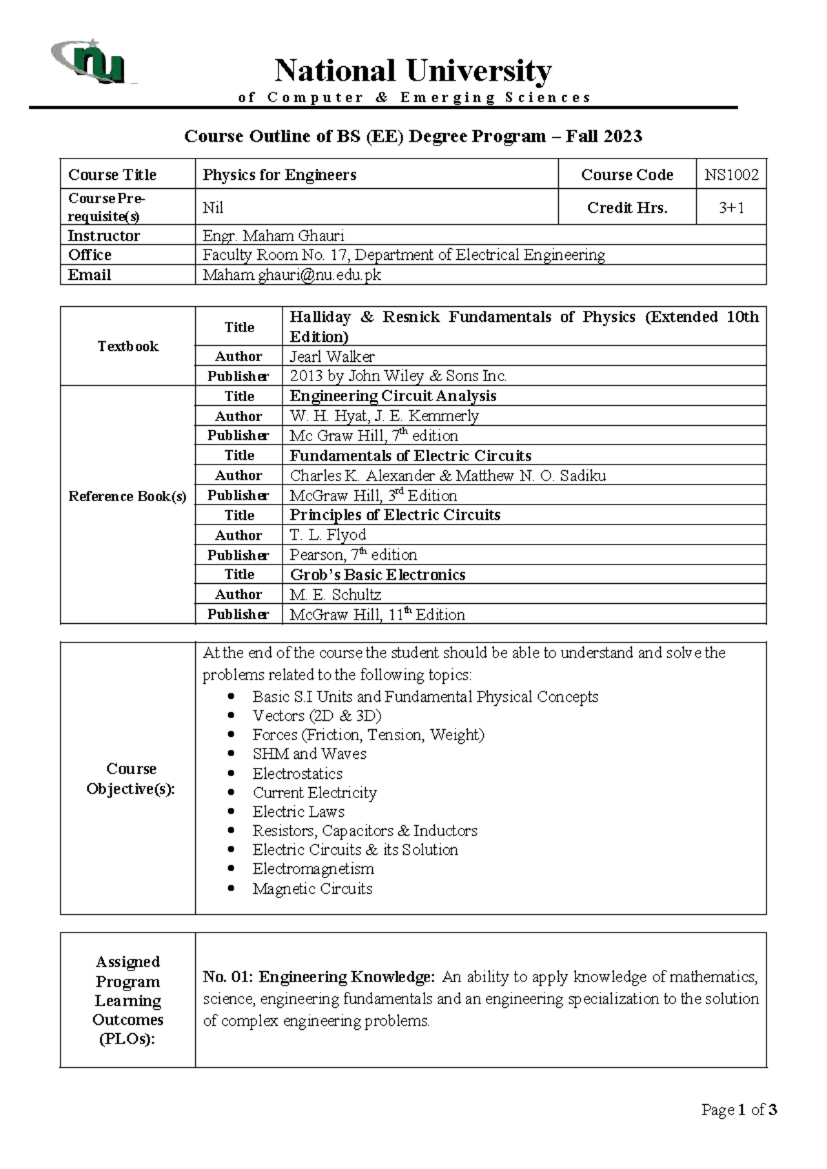 Physics for Engineers Course Outline NS1002 - Fall 2023 - Studocu