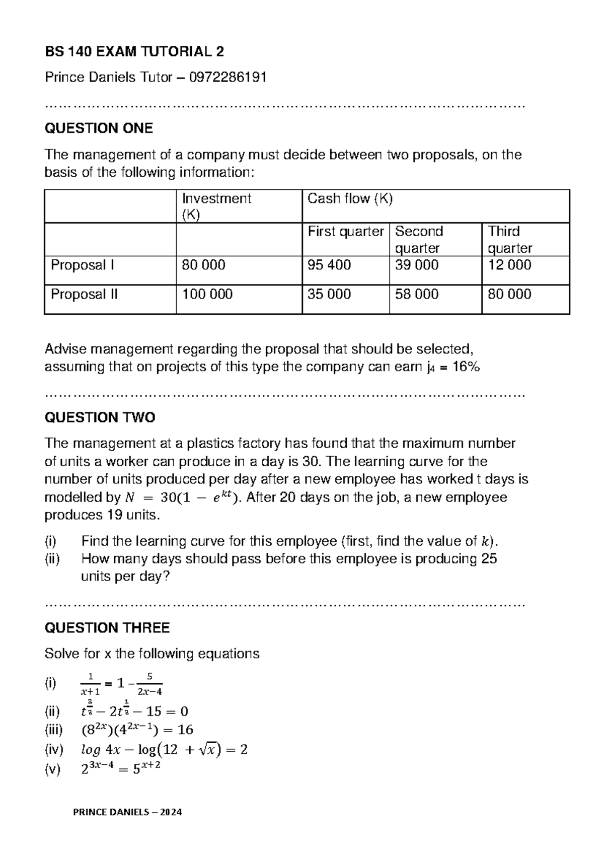BS 140 EXAM Tutorial 3 - MATHS with Solutions and Analysis - Studocu